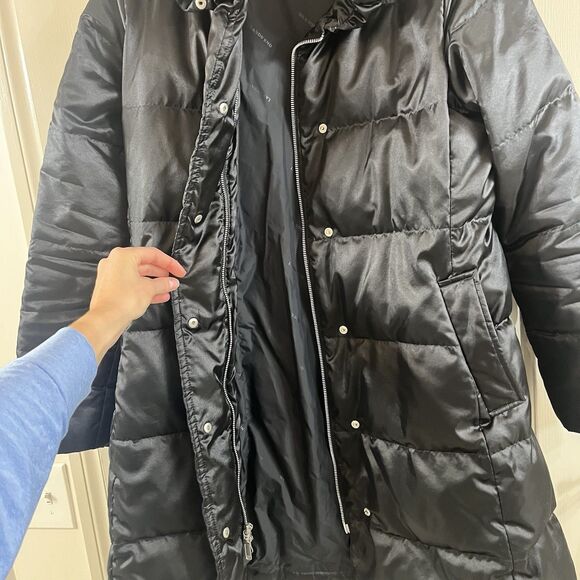 Lands' End Women M 10-12 Black Satin Down Puffer Jacket Knee Length Full Zip EUC - Picture 6 of 16